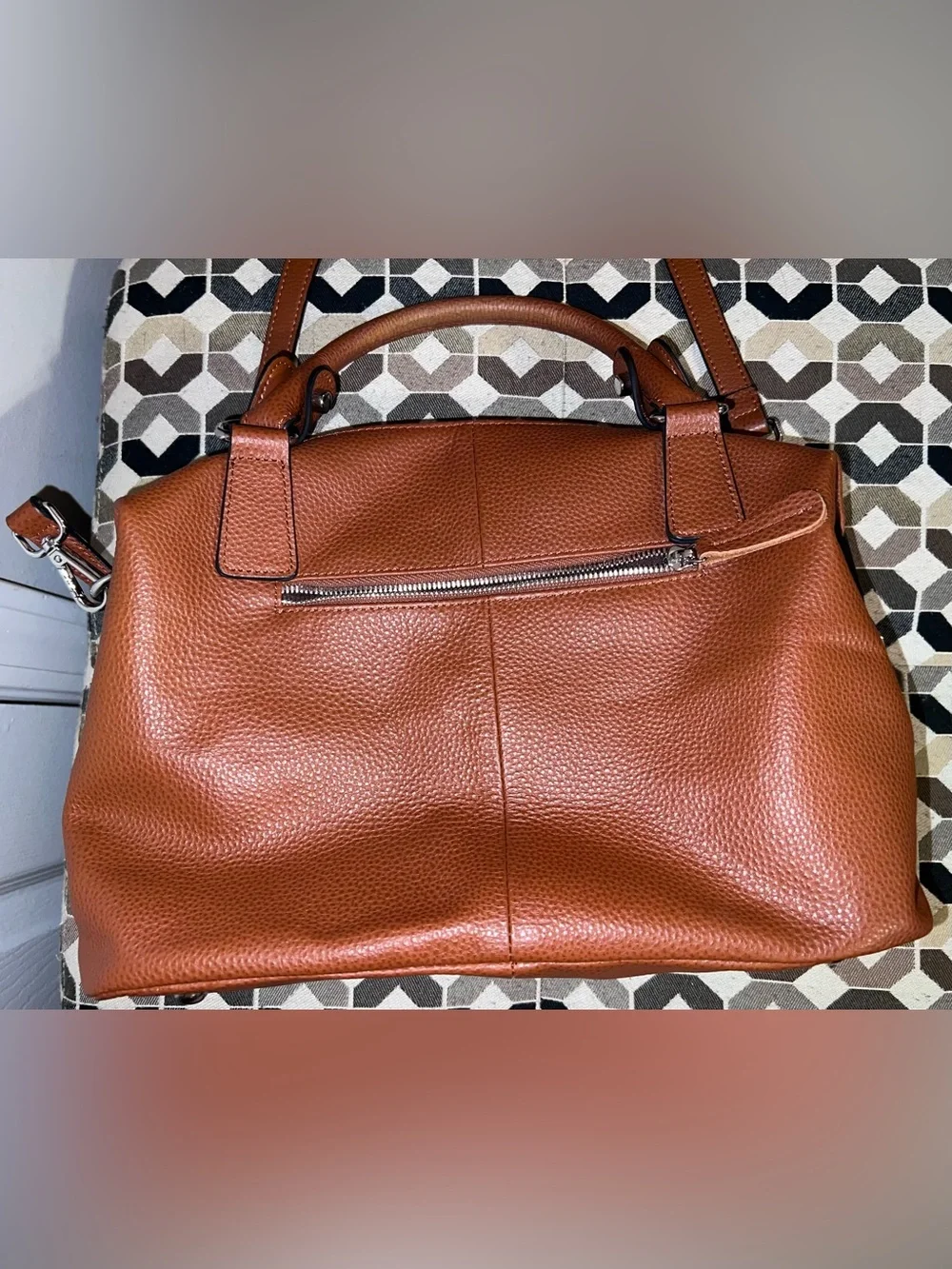 HESHE Cognac Brown Pebbled Satchel Crossbody Bag Tassel Handbag